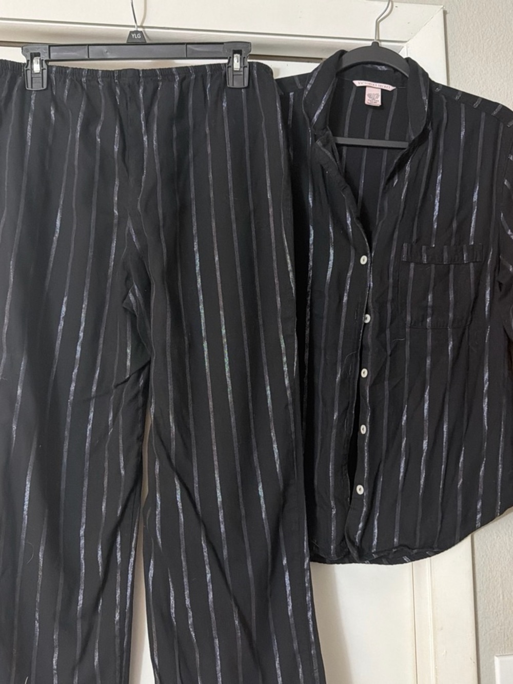 Victoria's Secret Black Button-Down Shirt and Pants Set with Shimmer Stripes